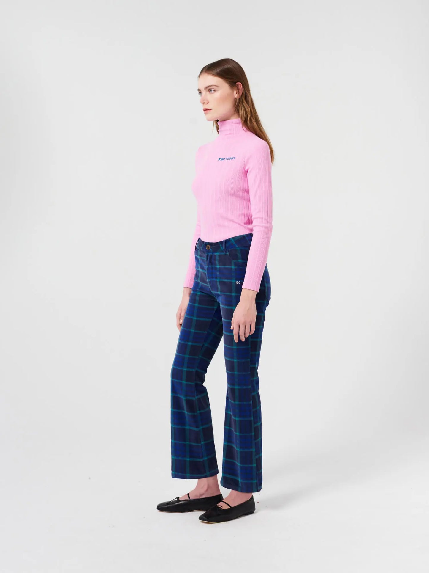 Multicolour check velvet flared pants