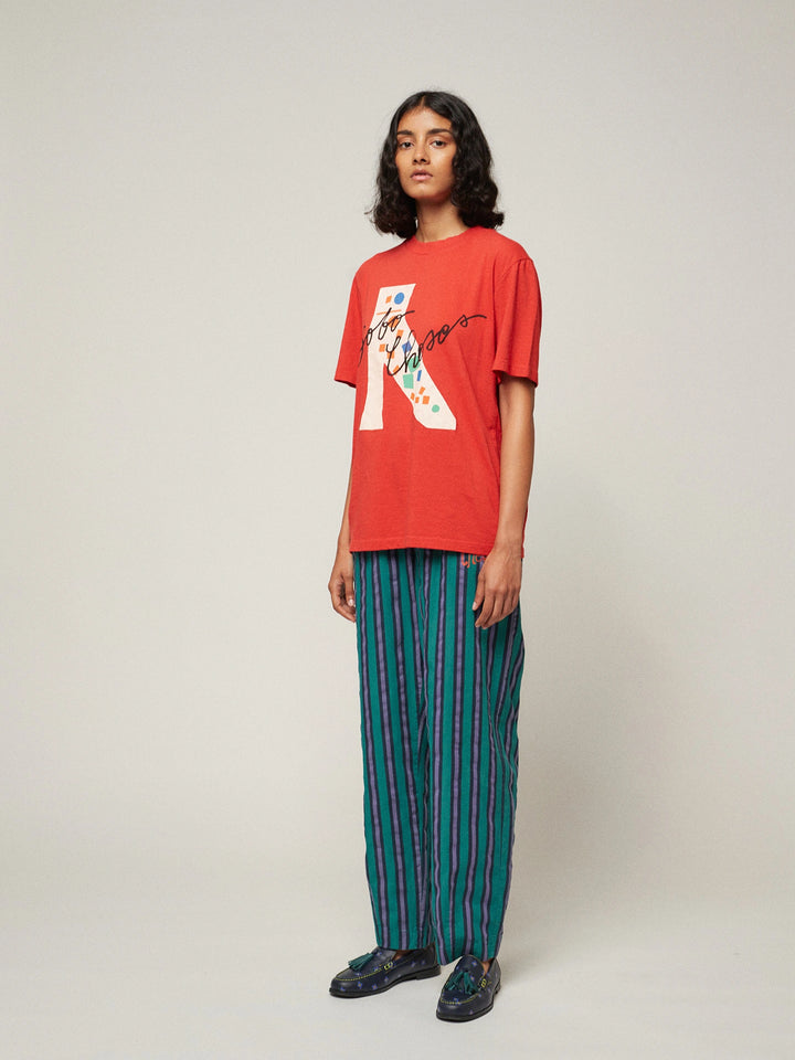 Pantaló de cama recta plisat de ratlles multicolor