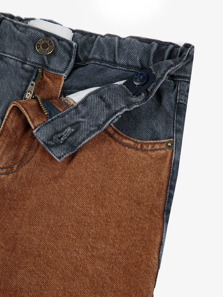 Color block denim pants look