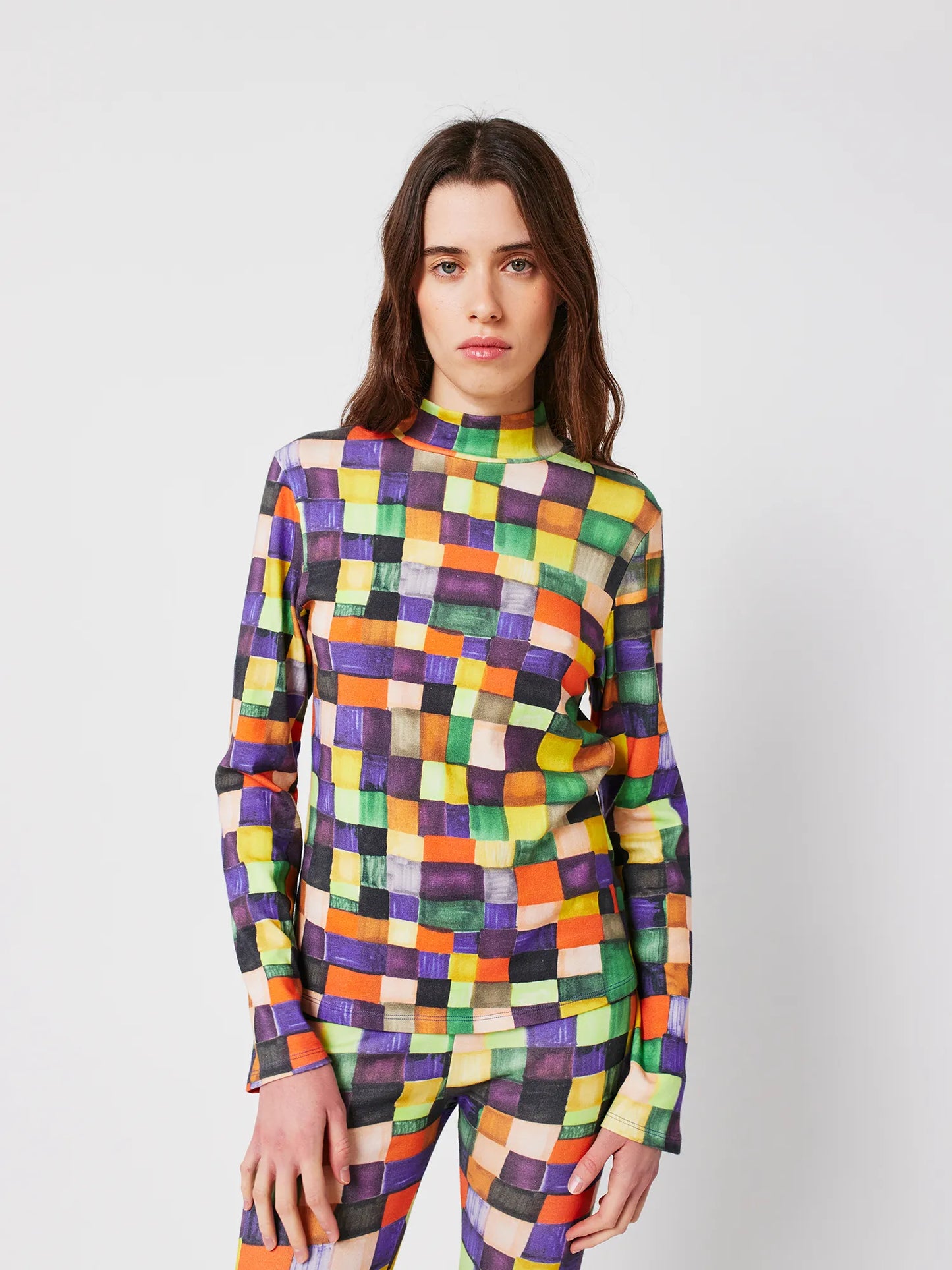 Turtleneck-Top Rainbow Plaid-Print