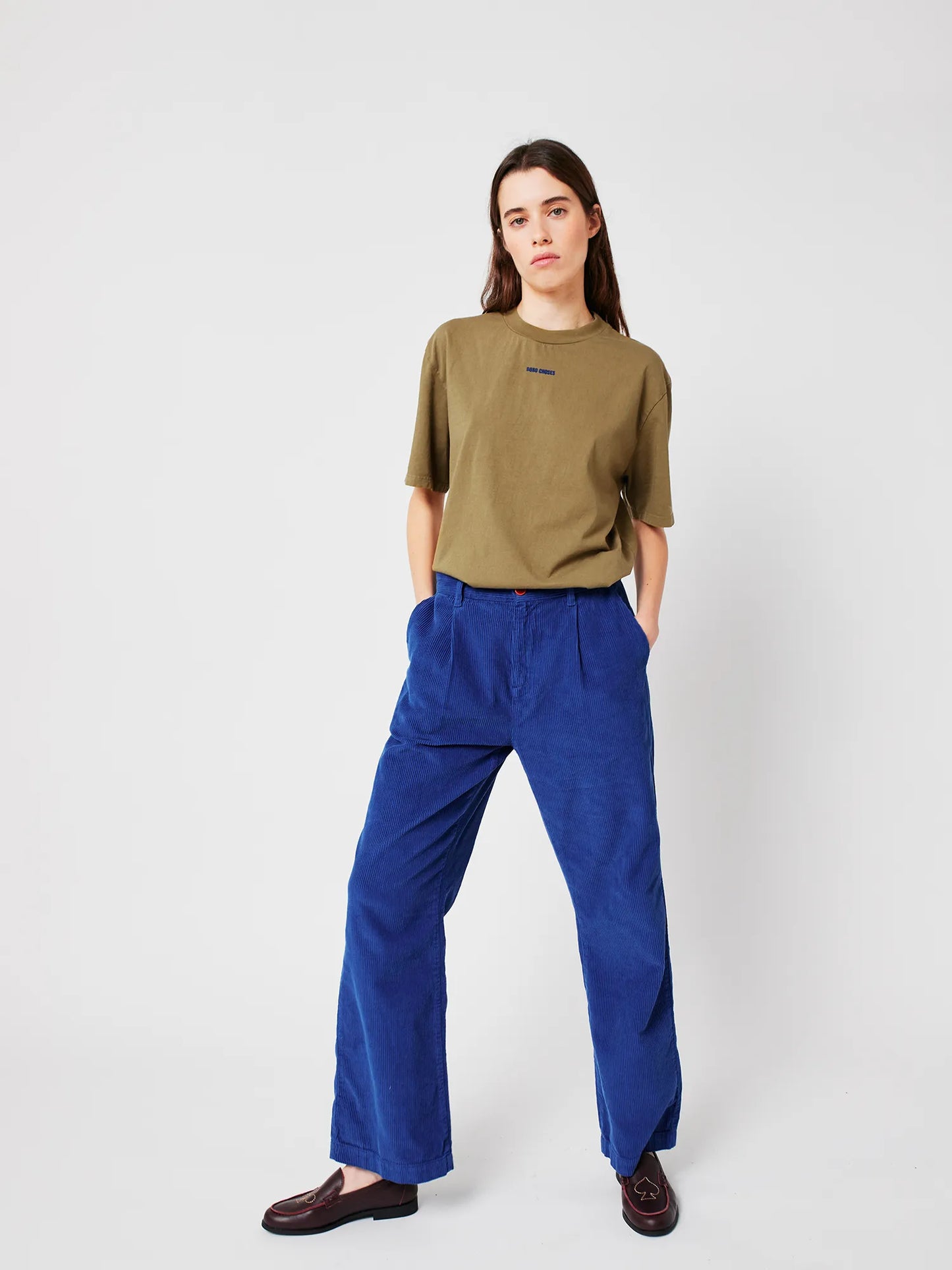 Blue pleated corduroy pants