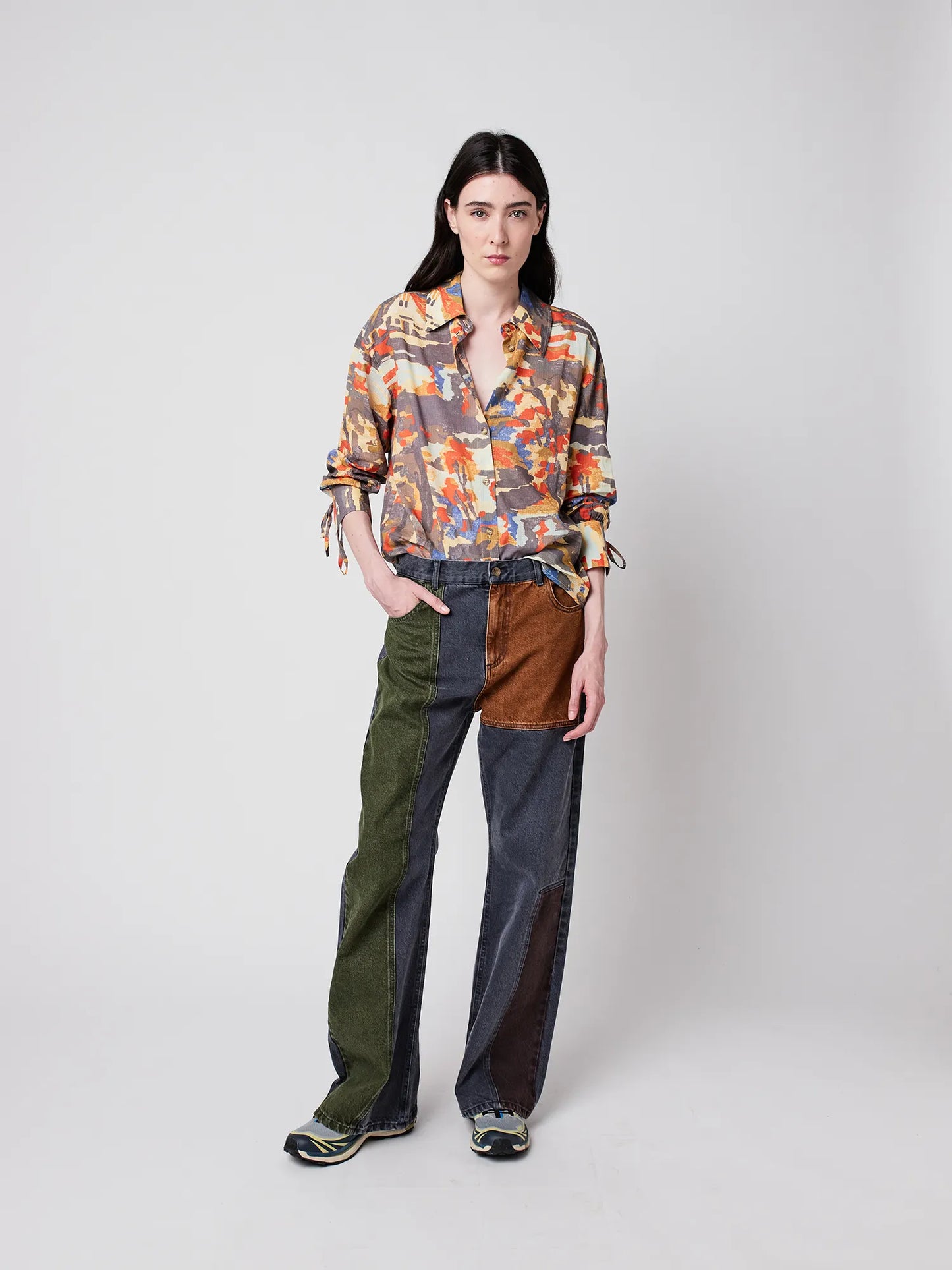 Color block denim pants