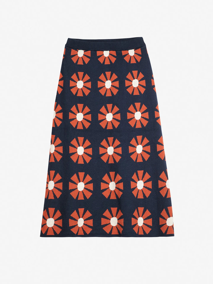 Flower jacquard midi knitted skirt