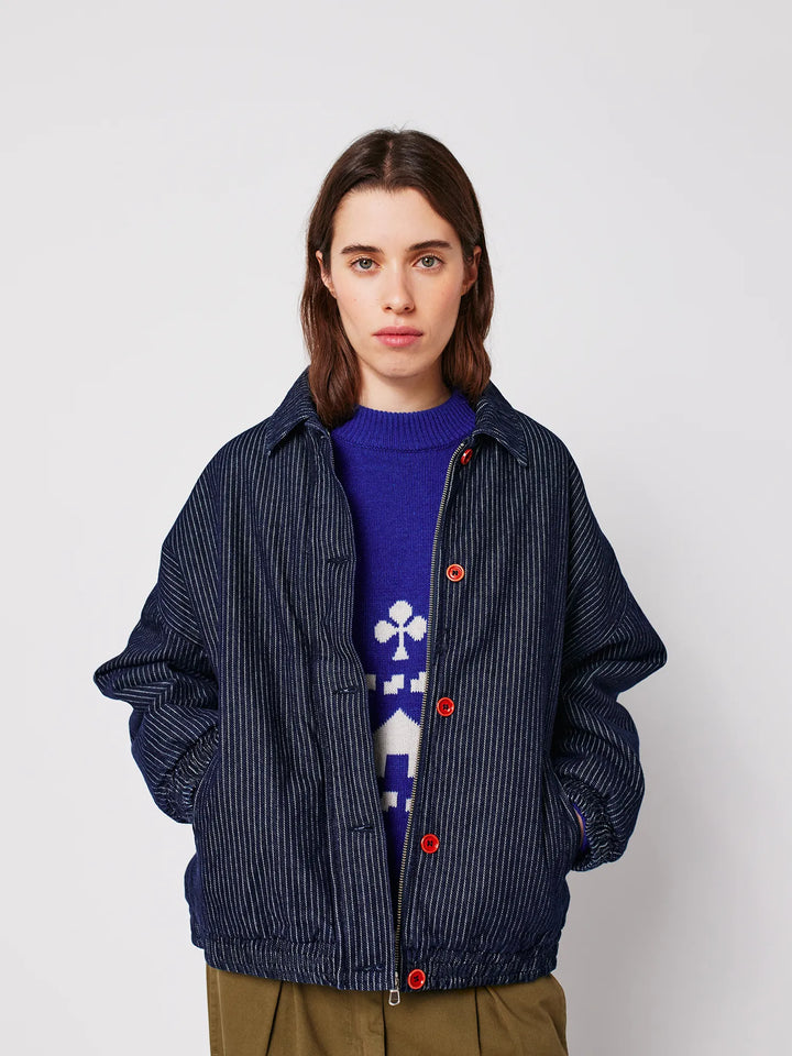 Denim stripe bomber jacket