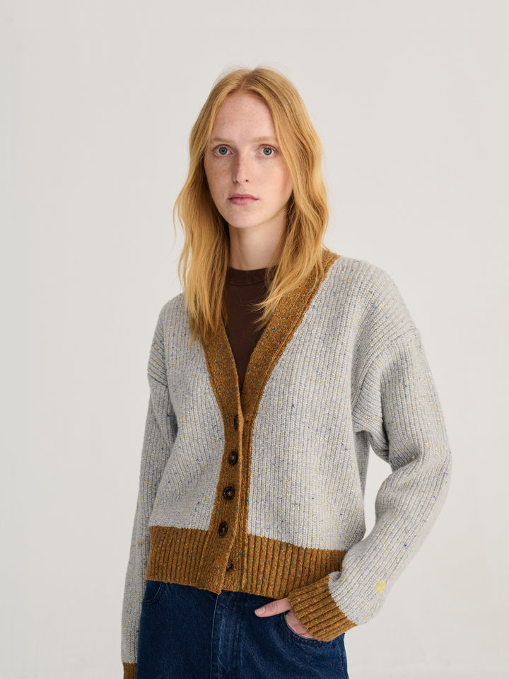 Color block wool blend V-cardigan