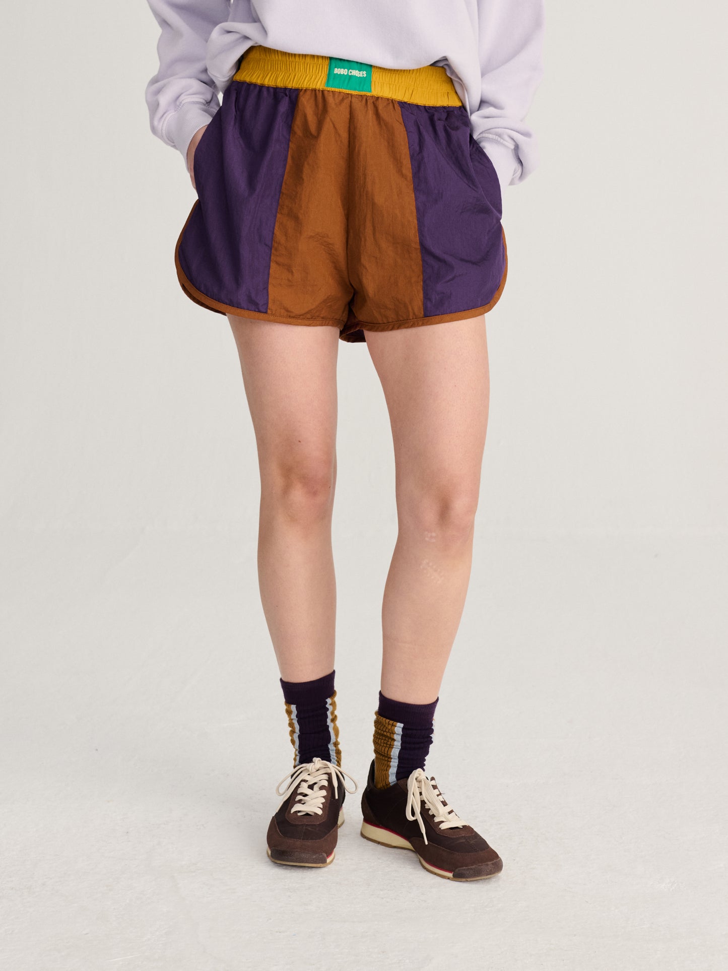 Shiny color block nylon shorts
