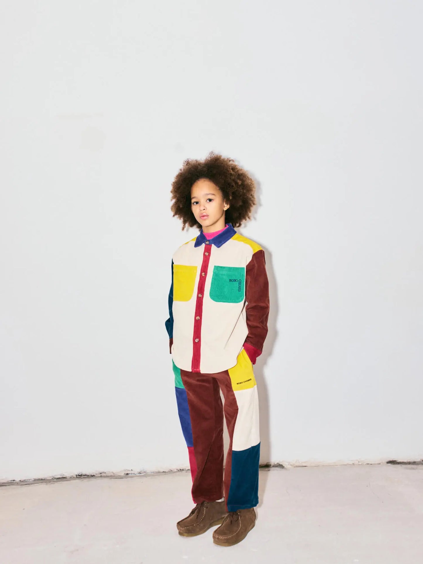 Bobo Square embroidery Color block corduroy shirt