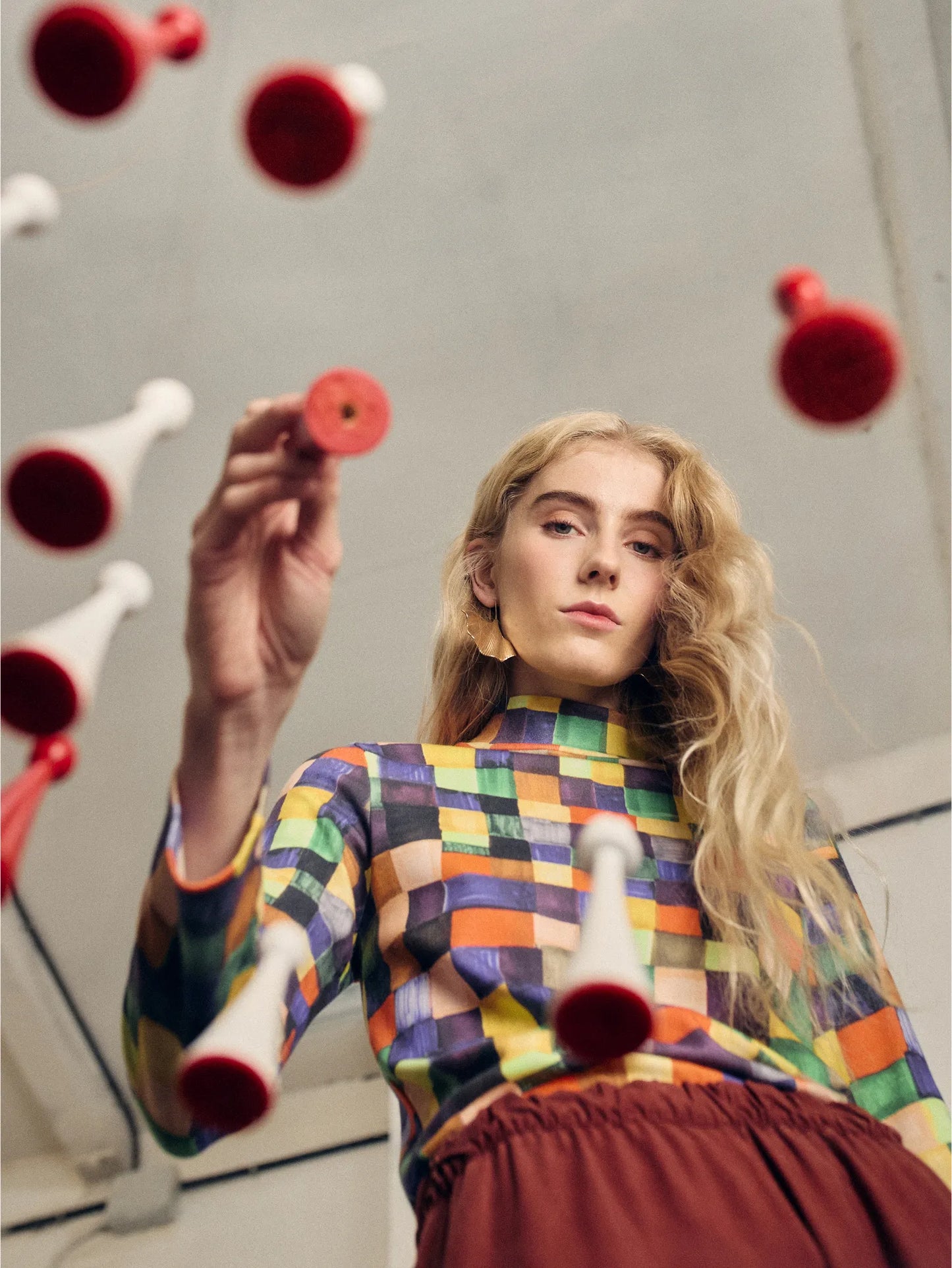 Turtleneck-Top Rainbow Plaid-Print