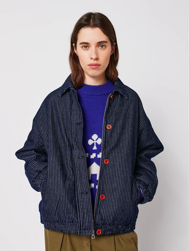 Denim stripe bomber jacket