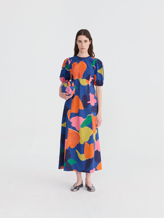 Blooming color pattern puff sleeve dress