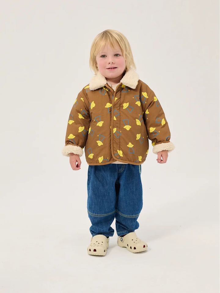 Brown jacket with a yellow UFO print and sherpa collar