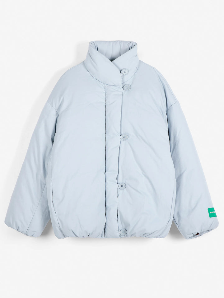 A light blue puffer jacket with a high stand-up collar and button closure, shown flat against a light gray background.
