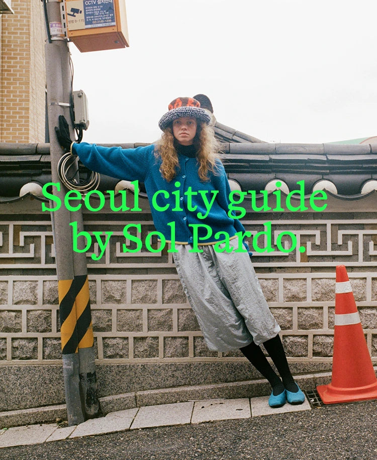 A person leans against a stone wall and utility pole in an outdoor street setting, wearing a bright blue cardigan, gray skirt, black tights, and blue shoes. A large green text overlay reads 'Seoul city guide by Sol Pardo.