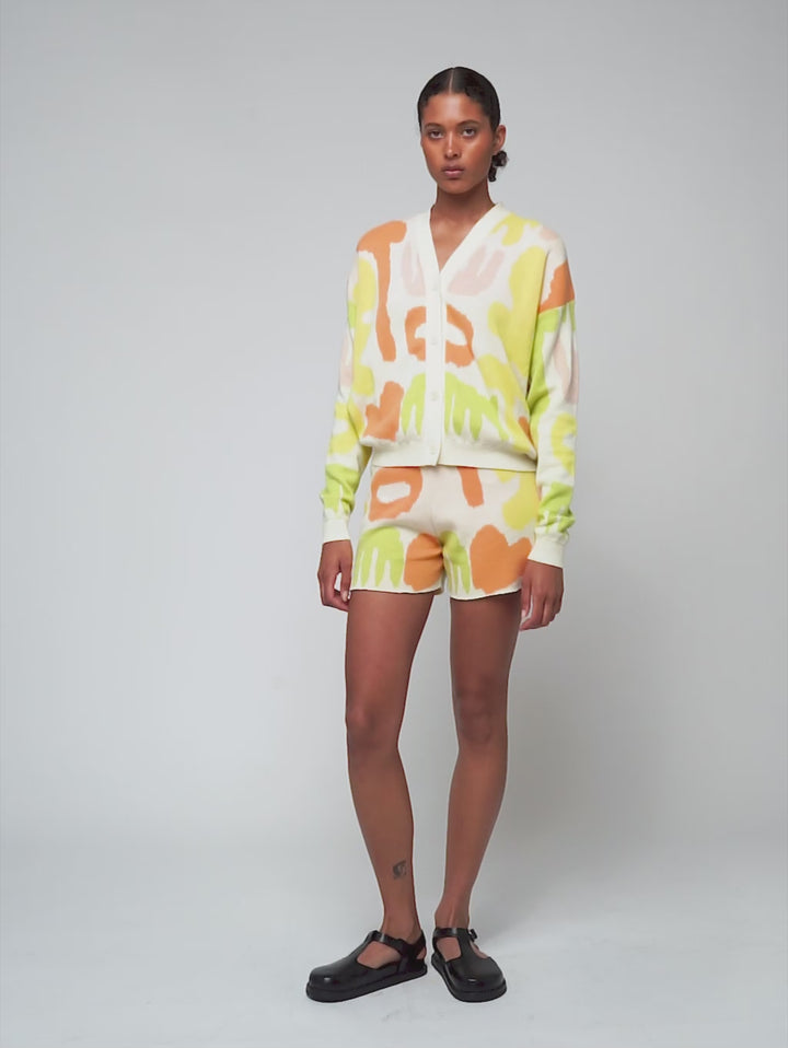 카니발 프린트 자카드 브이넥 가디건