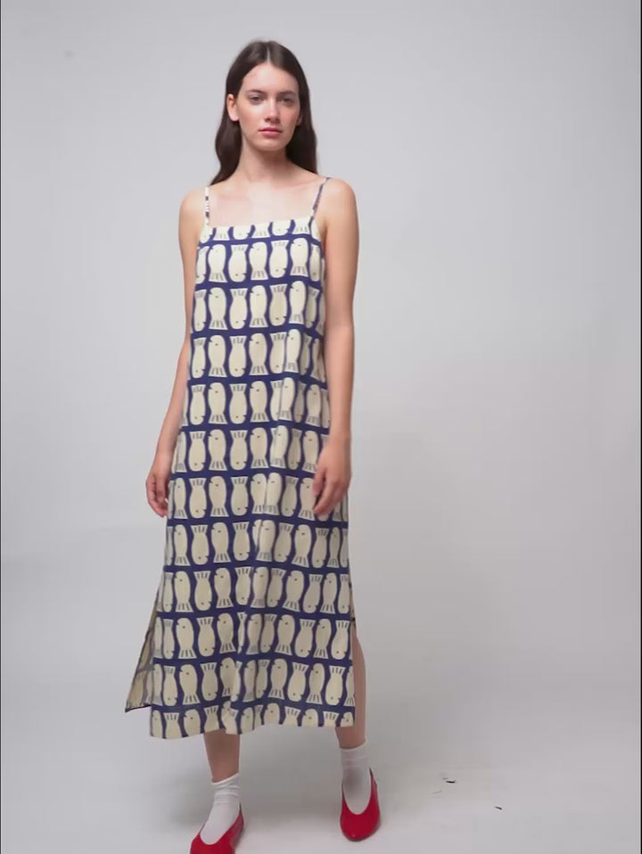 Lucky Fish print viscose strap dress
