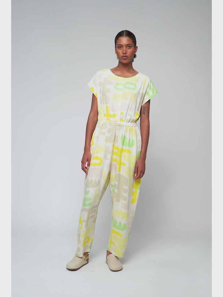 카니발 프린트 버튼 반팔 오버롤