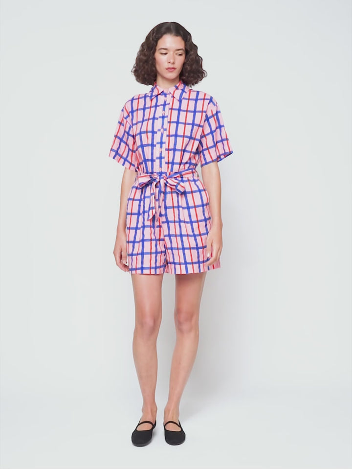 체크 칼라 버튼 쇼트 플레이수트