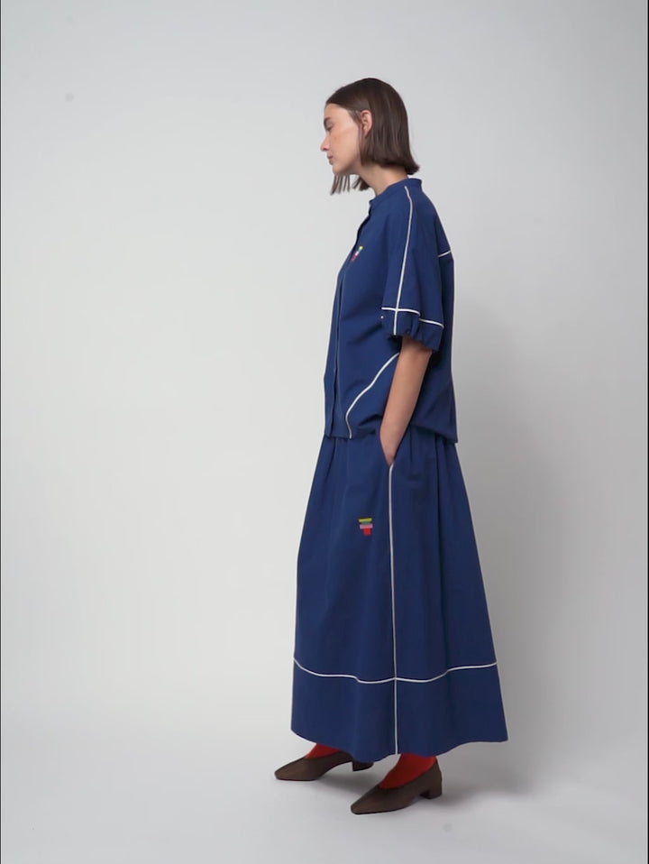 Contrast-trim puff sleeve shirt