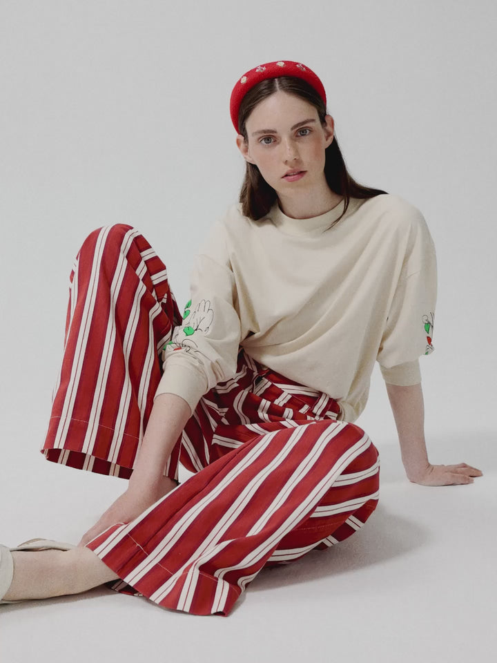 Striped twill wide leg pants