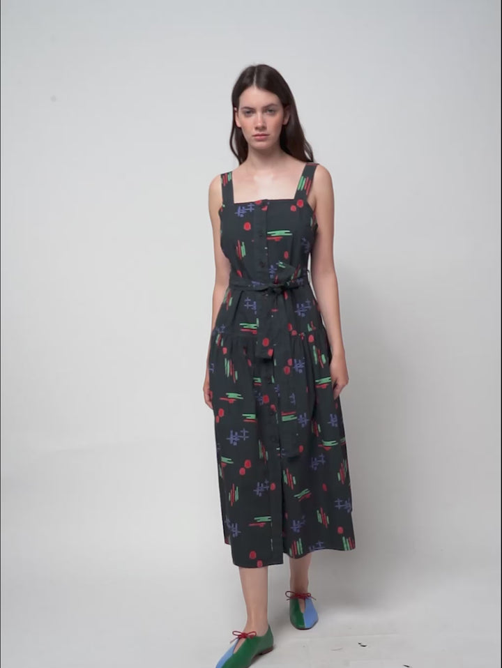 Multicolor print evasé strap dress
