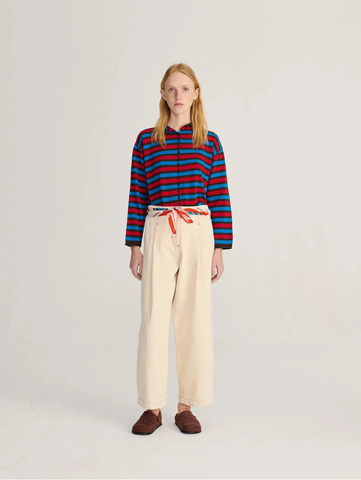 Ecru twill pleated barrel pants