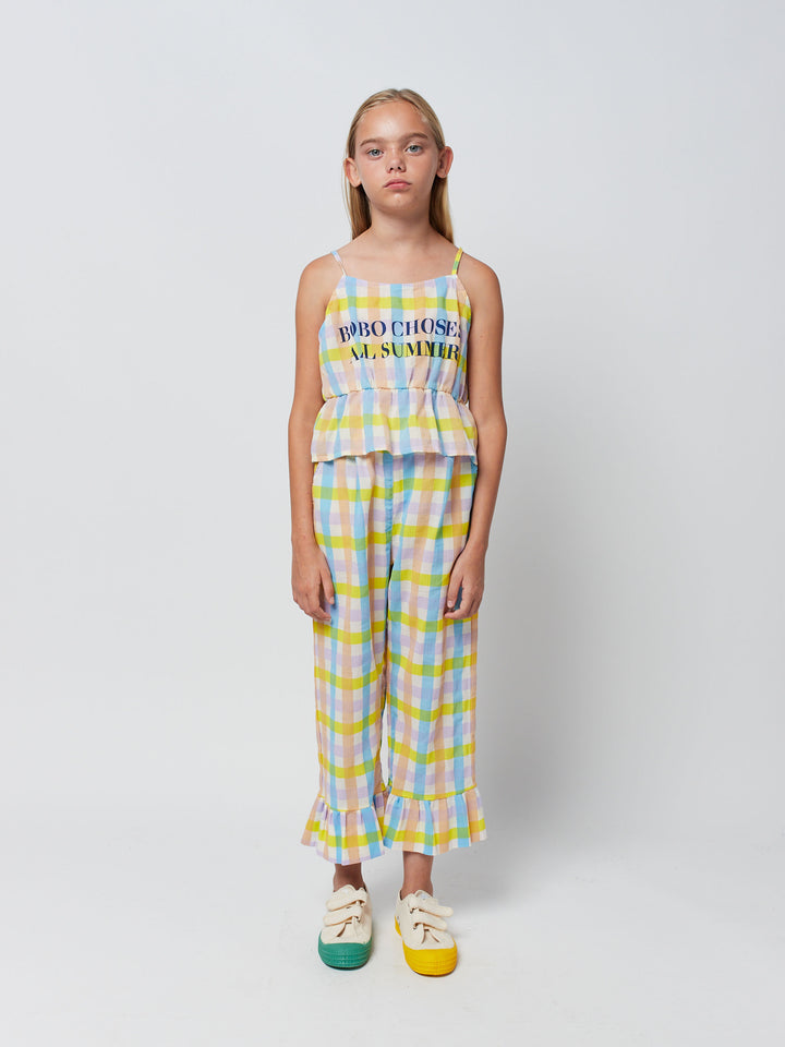 Multicolor check ruffle trousers