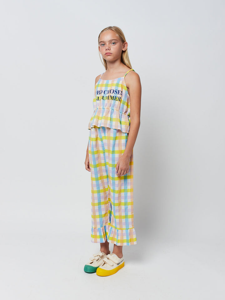 Multicolor check ruffle trousers