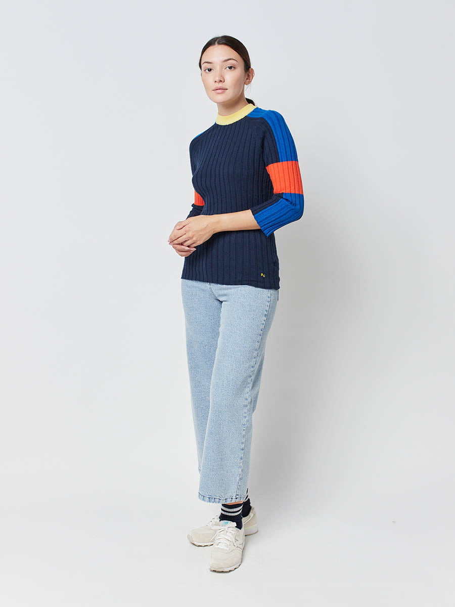 Color block ribbed knitted 3/4 sleeve jumper