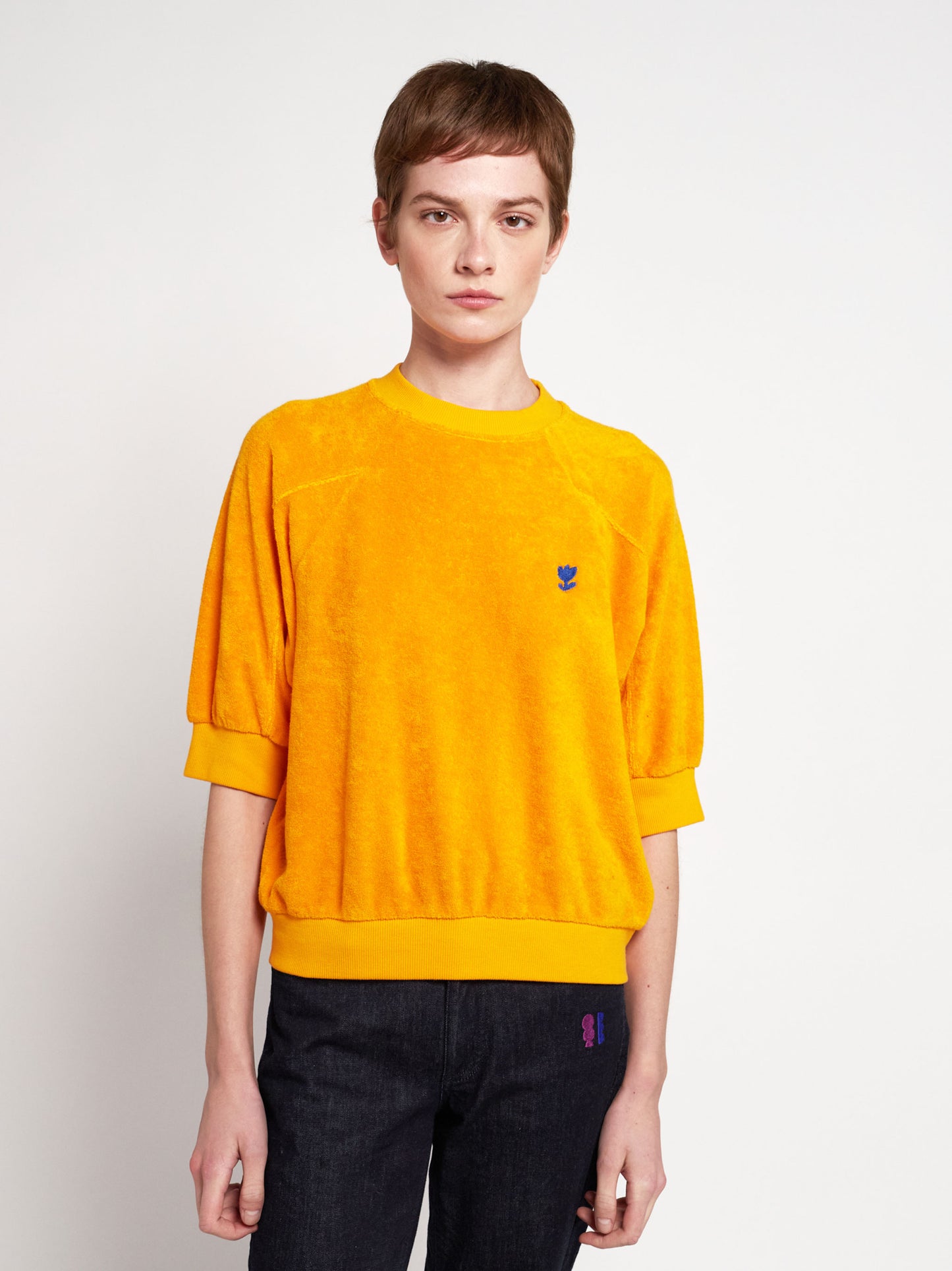 Embroidered terry 3/4 sleeve T-shirt